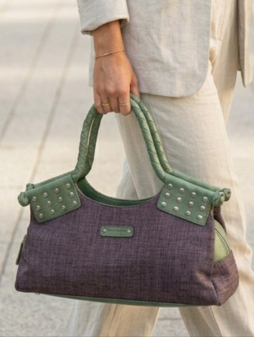 MATT & NAT Brown Canvas Green Vegan Leather Handbag, Metal Stud Detail